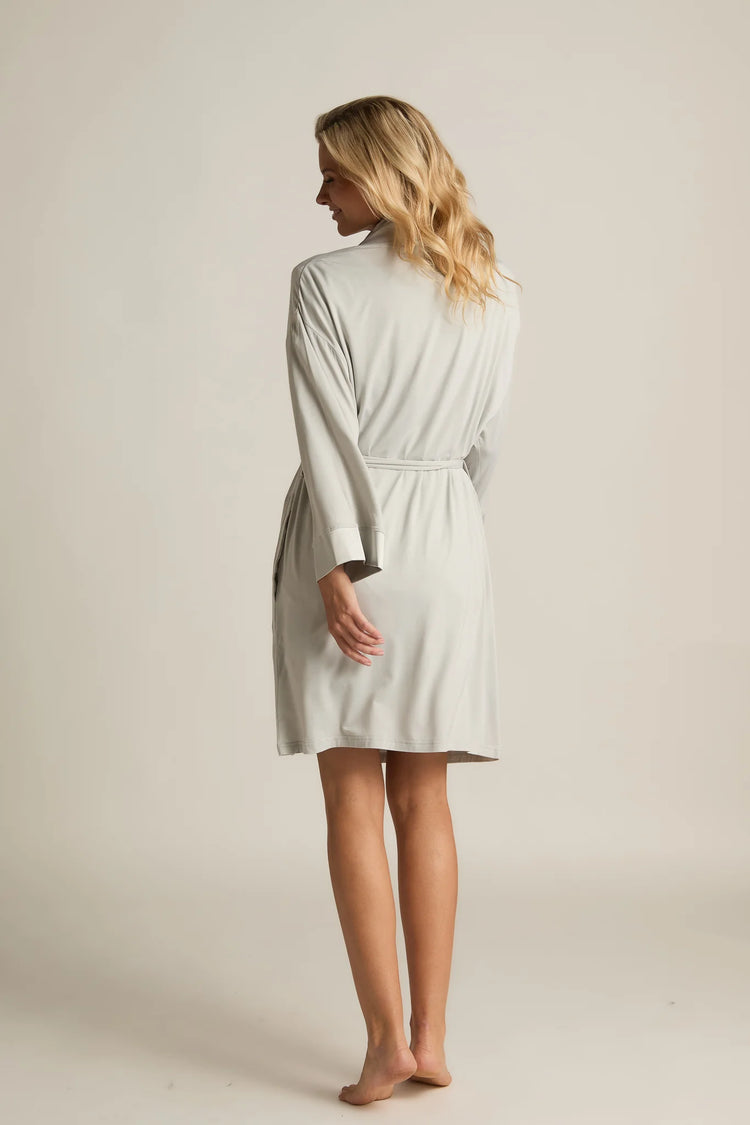 Light gray bamboo kimono robe back view with fluid drape and straight hem