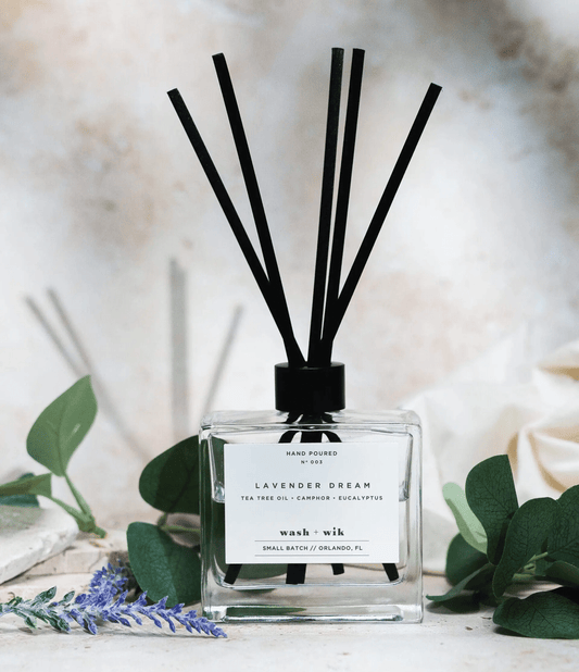 Lavender + Tea Tree clear glass reed diffuser