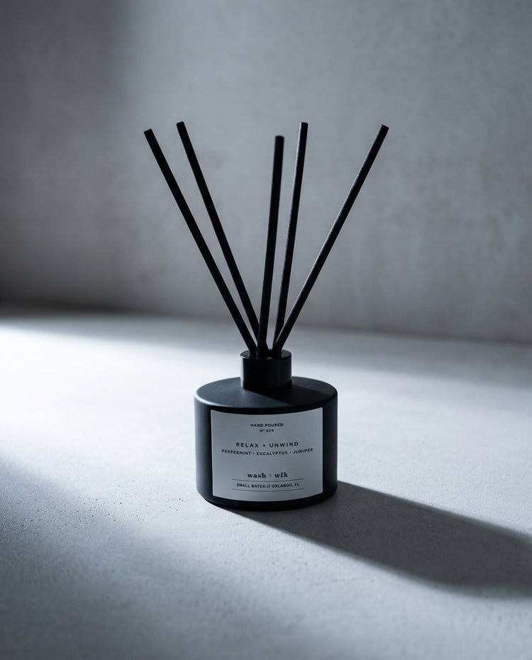 Relax + Unwind Matte Black Reed Diffuser — Eucalyptus, Peppermint & Juniper