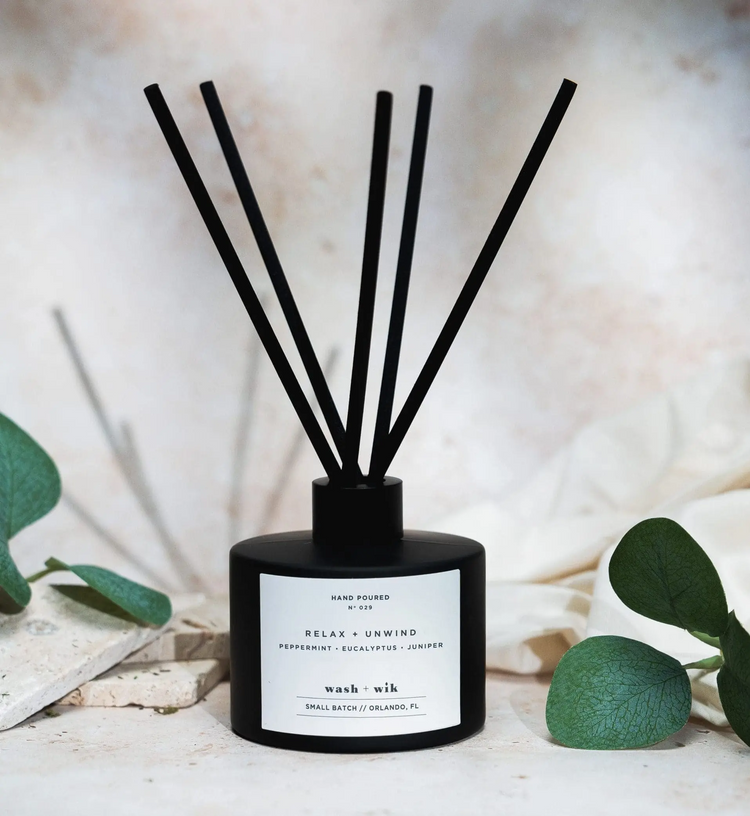 Relax + Unwind Matte Black Reed Diffuser — Eucalyptus, Peppermint & Juniper