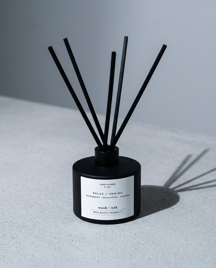 Relax + Unwind Matte Black Reed Diffuser — Eucalyptus, Peppermint & Juniper